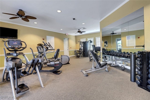 7327 Acorn Way, Naples, FL 34119 - workout area with ceiling fan, recessed lighting, crown molding, and baseboards