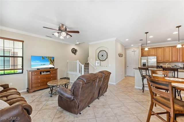 9063 Capistrano St N Unit 4401, Naples, FL 34113 - living area featuring crown molding, light tile patterned flooring, a ceiling fan, recessed lighting, and stairway