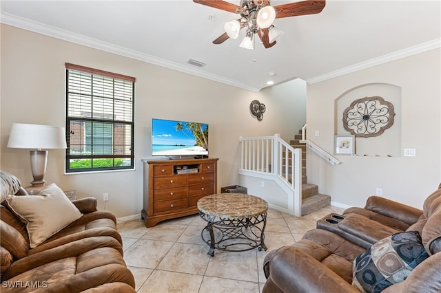 9063 Capistrano St N Unit 4401, Naples, FL 34113 - living room with crown molding, light tile patterned floors, ceiling fan, and stairs