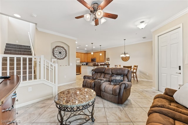 9063 Capistrano St N Unit 4401, Naples, FL 34113 - living area with stairs, a ceiling fan, light tile patterned flooring, crown molding, and recessed lighting