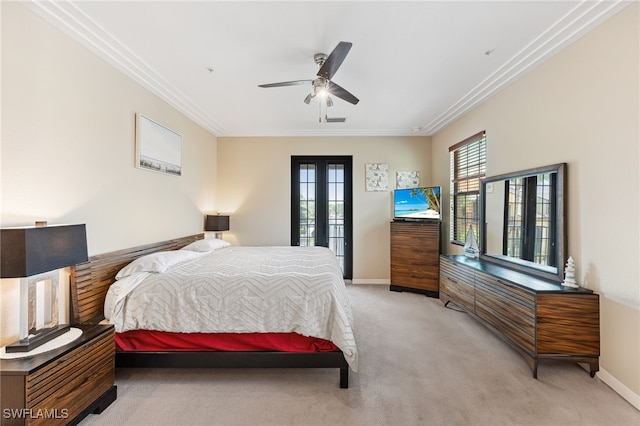 9063 Capistrano St N Unit 4401, Naples, FL 34113 - bedroom with light colored carpet, french doors, crown molding, and ceiling fan