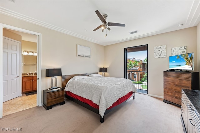 9063 Capistrano St N Unit 4401, Naples, FL 34113 - bedroom featuring access to outside, light carpet, connected bathroom, ceiling fan, and ornamental molding
