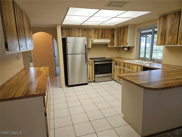3616 SW 1st Pl, Cape Coral, FL 33914 - kitchen featuring appliances with stainless steel finishes, wooden counters, under cabinet range hood, a peninsula, and arched walkways