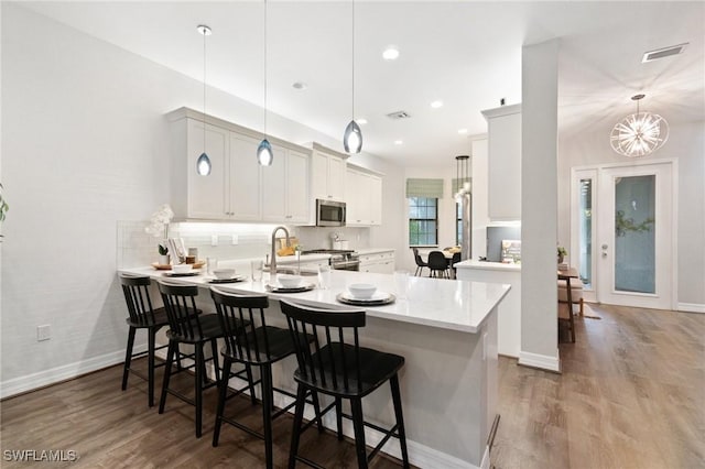 4119 Zelkova Ct, Naples, FL 34119 - kitchen with stainless steel appliances, a peninsula, wood finished floors, a breakfast bar, and recessed lighting