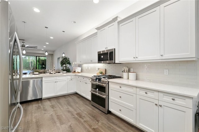 4119 Zelkova Ct, Naples, FL 34119 - kitchen with stainless steel appliances, tasteful backsplash, ceiling fan, light wood-style flooring, and recessed lighting