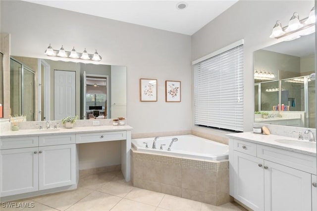 4119 Zelkova Ct, Naples, FL 34119 - bathroom with tile patterned flooring, two vanities, and a shower stall