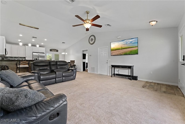 1429 Jabara Cir, Labelle, FL 33935 - living room with a ceiling fan, lofted ceiling, light colored carpet, and recessed lighting