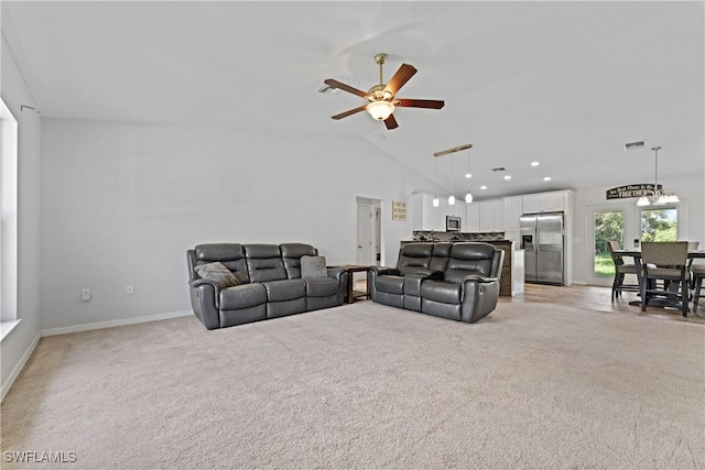 1429 Jabara Cir, Labelle, FL 33935 - living area featuring ceiling fan, vaulted ceiling, light colored carpet, and recessed lighting