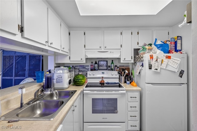 3291 Royal Canadian Trce Unit 3, Fort Myers, FL 33907 - kitchen featuring white appliances, custom range hood, white cabinetry, light countertops, and tasteful backsplash