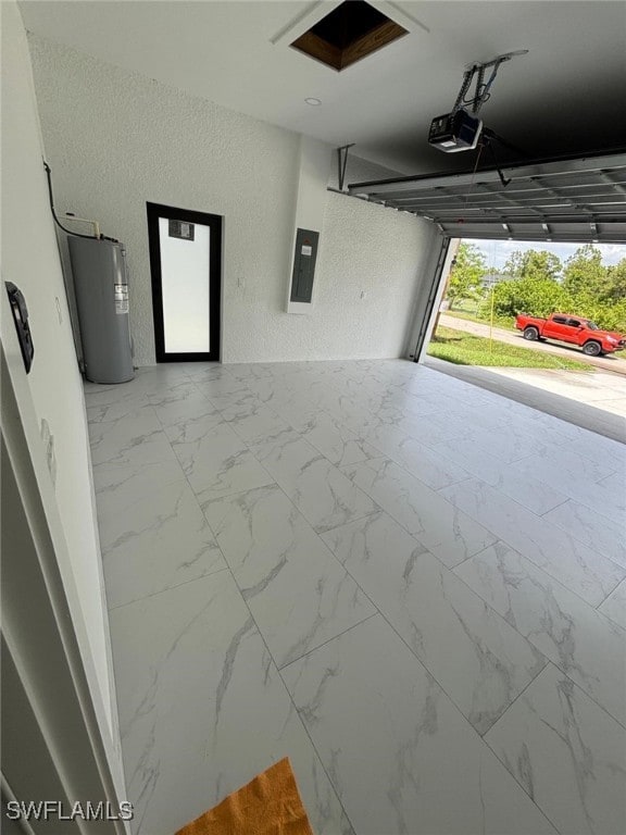 2909 Dora Ave N, Lehigh Acres, FL 33971 - garage with electric panel, a textured wall, a garage door opener, and electric water heater