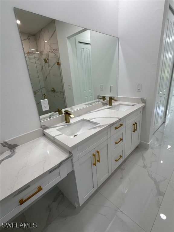 2909 Dora Ave N, Lehigh Acres, FL 33971 - full bathroom with marble finish flooring, double vanity, and a marble finish shower