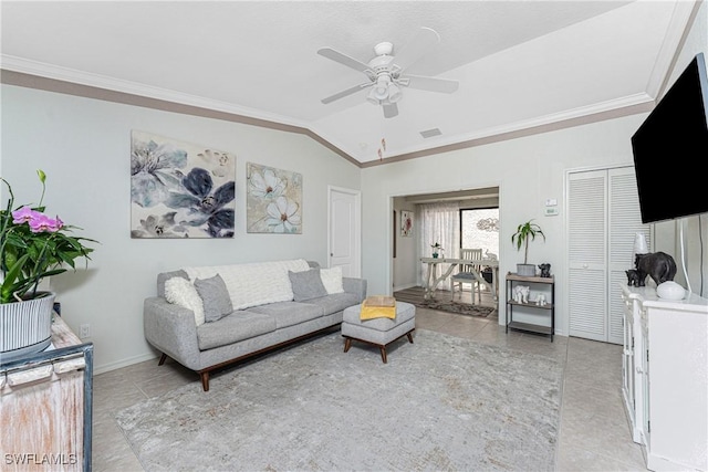 13100 S Mccall Rd Unit 112, Port Charlotte, FL 33981 - living room featuring light tile patterned floors, vaulted ceiling, ceiling fan, and crown molding