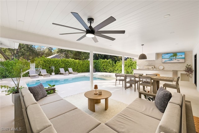 7658 Ponte Verde Way, Naples, FL 34109 - view of swimming pool with an outdoor living space, a patio, a ceiling fan, and outdoor dining space