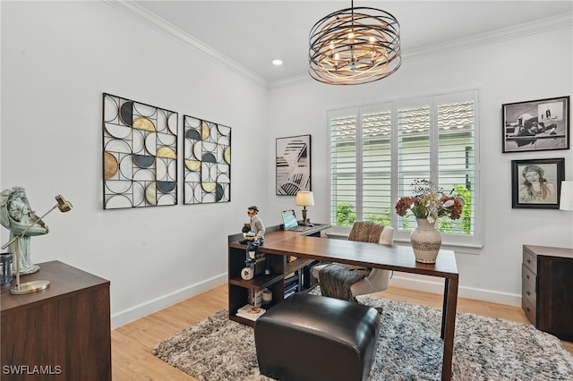 17467 Caravita Ln, Fort Myers, FL 33913 - office space with light wood-style floors, a chandelier, crown molding, and recessed lighting