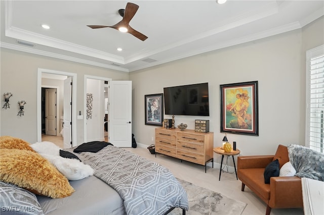 17467 Caravita Ln, Fort Myers, FL 33913 - bedroom with a tray ceiling, ornamental molding, multiple windows, recessed lighting, and ceiling fan