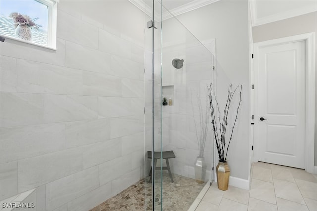 17467 Caravita Ln, Fort Myers, FL 33913 - bathroom with ornamental molding, a shower stall, and tile patterned floors