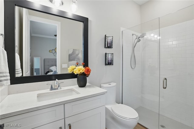 17467 Caravita Ln, Fort Myers, FL 33913 - bathroom with connected bathroom, vanity, a stall shower, and crown molding