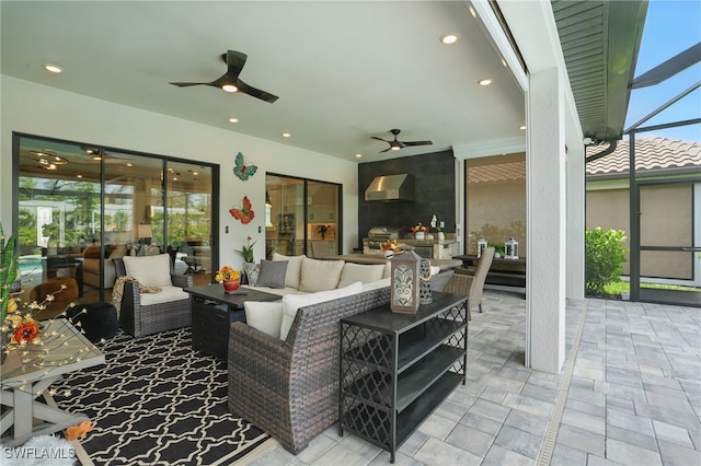 17467 Caravita Ln, Fort Myers, FL 33913 - view of patio / terrace featuring ceiling fan, outdoor lounge area, a lanai, and a grill