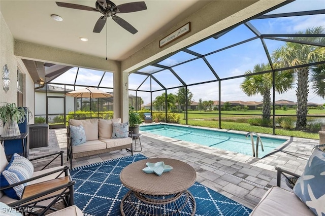 4012 E Hampton Cir, Alva, FL 33920 - outdoor pool featuring an outdoor hangout area, a patio, a lanai, and a ceiling fan