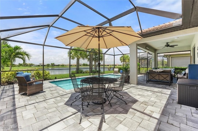 4012 E Hampton Cir, Alva, FL 33920 - view of patio / terrace with outdoor lounge area, an outdoor pool, a water view, and glass enclosure