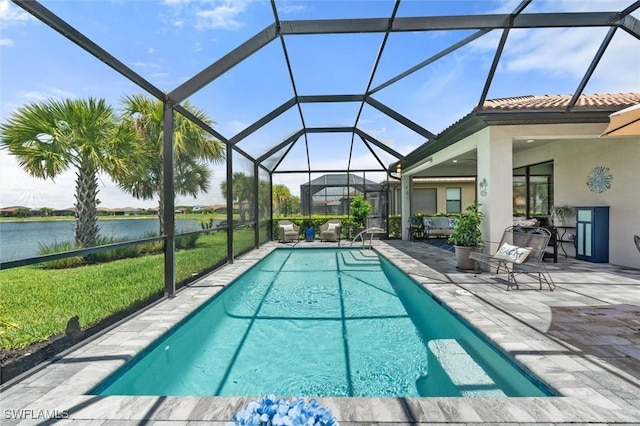 4012 E Hampton Cir, Alva, FL 33920 - outdoor pool featuring a patio, a yard, a water view, and glass enclosure