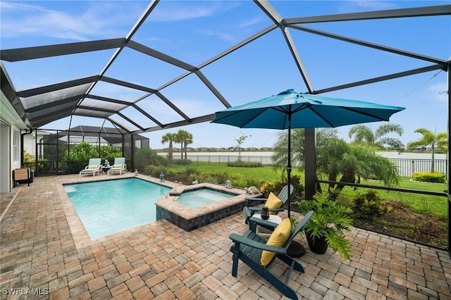 42274 Waterfront Way, Punta Gorda, FL 33982 - view of pool featuring a patio area, glass enclosure, and a pool with connected hot tub