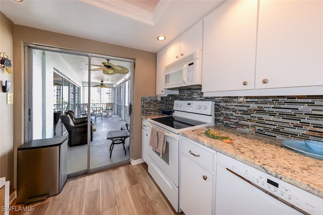 7000 Estero Blvd Unit 205, Fort Myers Beach, FL 33931 - kitchen featuring white appliances, a ceiling fan, white cabinets, tasteful backsplash, and recessed lighting