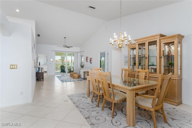 2525 Aspen Creek Ln Unit 202, Naples, FL 34119 - dining room with a chandelier, light tile patterned floors, high vaulted ceiling, ceiling fan, and recessed lighting
