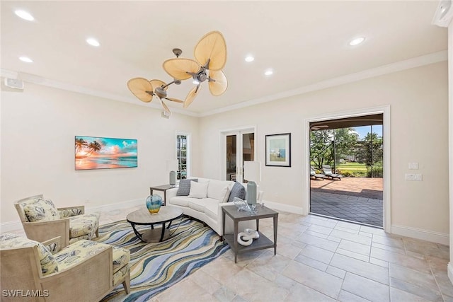 6912 Anthurium Ln, Naples, FL 34113 - living room with plenty of natural light, ornamental molding, recessed lighting, and ceiling fan