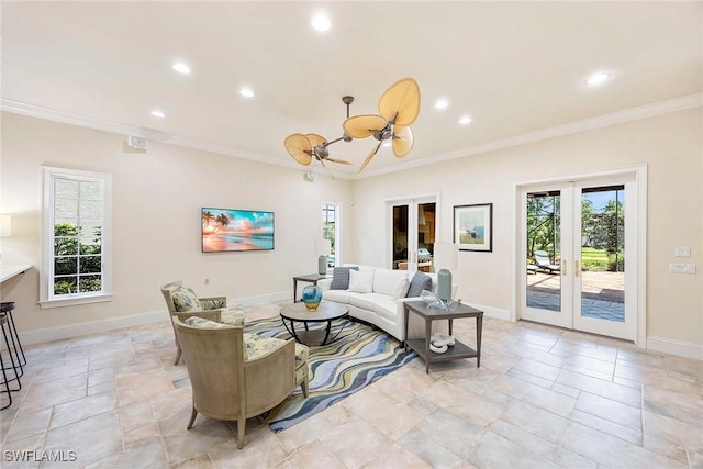 6912 Anthurium Ln, Naples, FL 34113 - living area featuring ornamental molding, recessed lighting, light stone finish floors, french doors, and a chandelier