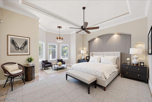 6912 Anthurium Ln, Naples, FL 34113 - bedroom with a chandelier, light tile patterned floors, a tray ceiling, crown molding, and a ceiling fan