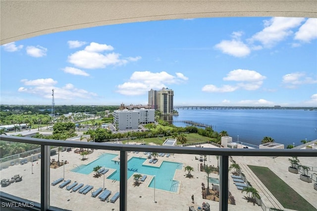 3000 Oasis Grand Blvd Unit 906, Fort Myers, FL 33916 - balcony featuring view of pool and a water view
