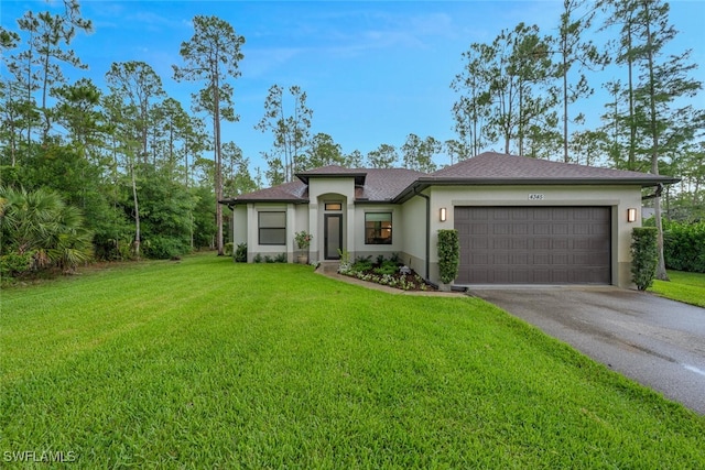 4345 6th Ave NE, Naples, FL 34120 - view of front facade featuring asphalt driveway, stucco siding, a garage, a front yard, and roof with shingles