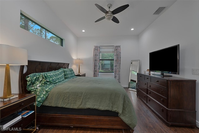 4345 6th Ave NE, Naples, FL 34120 - bedroom featuring multiple windows, dark wood-style flooring, recessed lighting, and ceiling fan