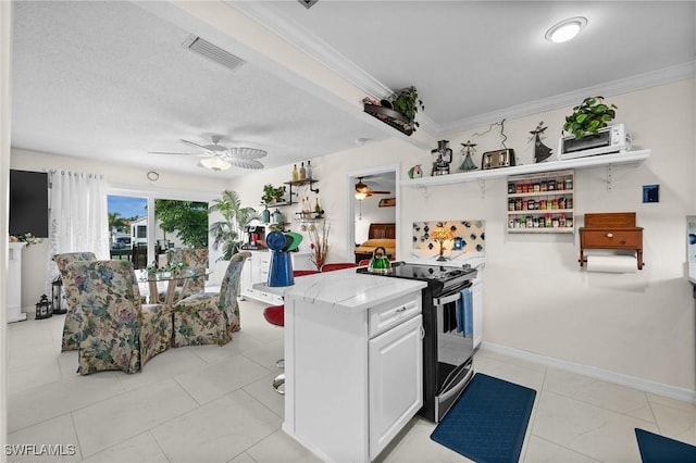 4251 Island Cir Unit 3, Fort Myers, FL 33919 - kitchen with black electric range oven, ceiling fan, open shelves, crown molding, and light stone countertops