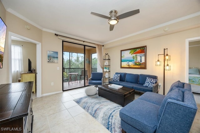 12970 Positano Cir Unit 301, Naples, FL 34105 - living room featuring ornamental molding, ceiling fan, and light tile patterned floors