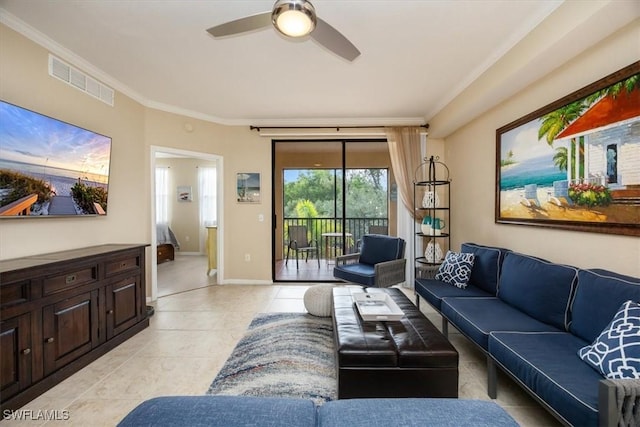 12970 Positano Cir Unit 301, Naples, FL 34105 - living area with crown molding, ceiling fan, and light tile patterned floors