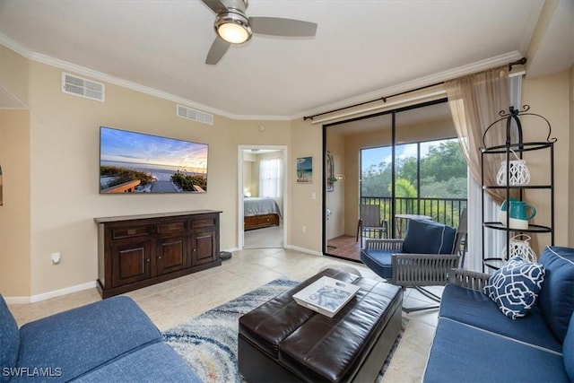 12970 Positano Cir Unit 301, Naples, FL 34105 - living room featuring crown molding, ceiling fan, and light tile patterned floors