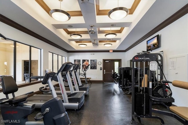 12970 Positano Cir Unit 301, Naples, FL 34105 - gym featuring coffered ceiling, ornamental molding, and beam ceiling