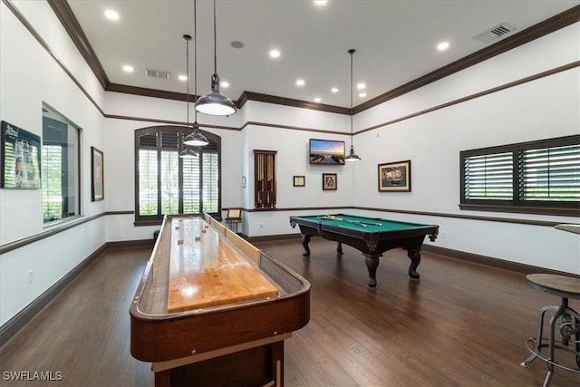 12970 Positano Cir Unit 301, Naples, FL 34105 - game room with ornamental molding, billiards, dark wood-type flooring, and recessed lighting