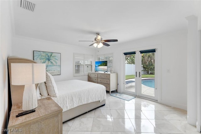 636 98th Ave N, Naples, FL 34108 - bedroom with french doors, access to exterior, ceiling fan, and light marble finish flooring