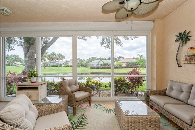 13221 Sherburne Cir Unit 601, Bonita Springs, FL 34135 - sunroom featuring a ceiling fan, a water view, and an outdoor hangout area