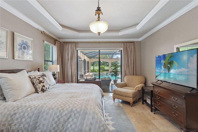 3441 Runaway Ln, Naples, FL 34114 - bedroom featuring access to outside, a raised ceiling, multiple windows, and ornamental molding