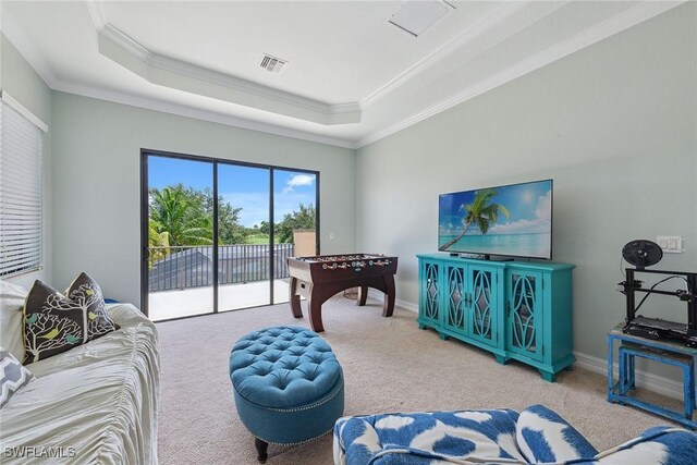 3441 Runaway Ln, Naples, FL 34114 - living room with crown molding, a raised ceiling, and carpet flooring