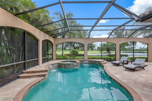 3441 Runaway Ln, Naples, FL 34114 - view of pool featuring a patio, a lanai, a water view, and a pool with connected hot tub