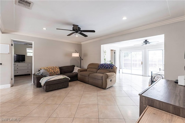 2401 Parkway St, Fort Myers, FL 33901 - living area with light tile patterned floors, a ceiling fan, ornamental molding, and recessed lighting