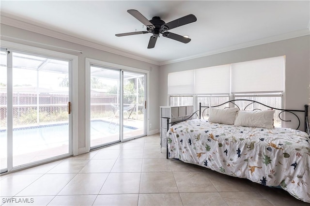 2401 Parkway St, Fort Myers, FL 33901 - tiled bedroom with access to exterior, crown molding, and a ceiling fan