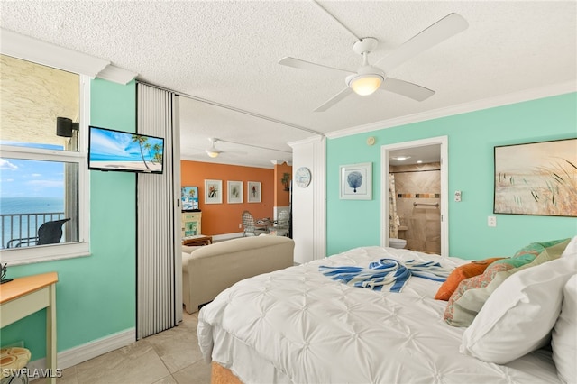 7360 Estero Blvd Unit Ph5, Fort Myers Beach, FL 33931 - bedroom with a textured ceiling, crown molding, a ceiling fan, light tile patterned floors, and ensuite bath