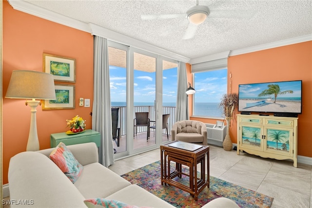 7360 Estero Blvd Unit Ph5, Fort Myers Beach, FL 33931 - living area with crown molding, a textured ceiling, and a wall unit AC