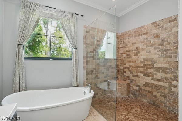 4740 5th Ave SW, Naples, FL 34119 - full bath with walk in shower, a freestanding tub, plenty of natural light, and ornamental molding